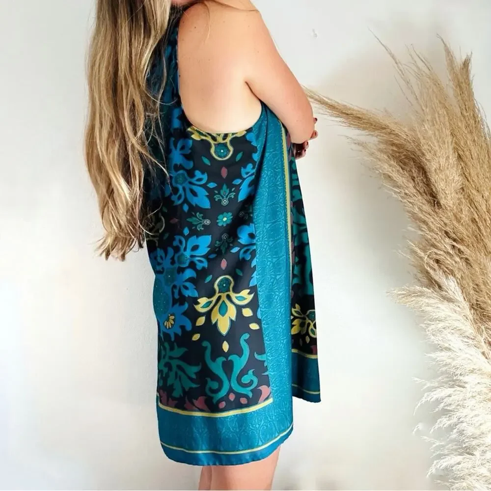 NEW ANTHROPOLOGIE Teal Black Floral Beaded Halter Mini $198 Tank Top Dress XL - Picture 9 of 13
